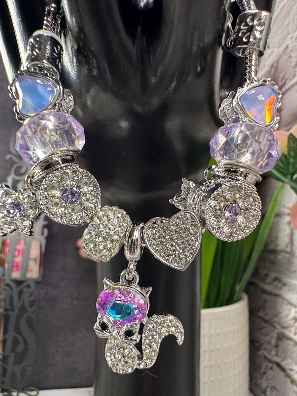 Sparkling Silver Cat Charm Bracelet with Lavender and Iridescent Beads